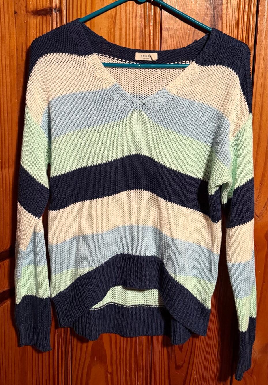 Harper heritage Women’s V Neck Striped Sweater Blue/green BoHo Chic small